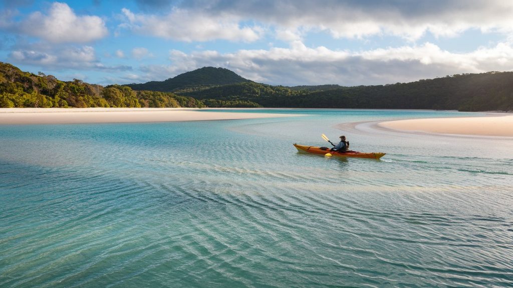 Kayaker paddling toward Whitehaven Beach, a pristine beach accessible by water with turquoise swirls and white sand.